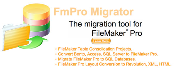 FmPro Migrator - The migration tool for FileMaker Pro. FileMaker Table Consolidation Projects, Bento, Access SQL Server to FileMaker, FileMaker to SQL Databases.