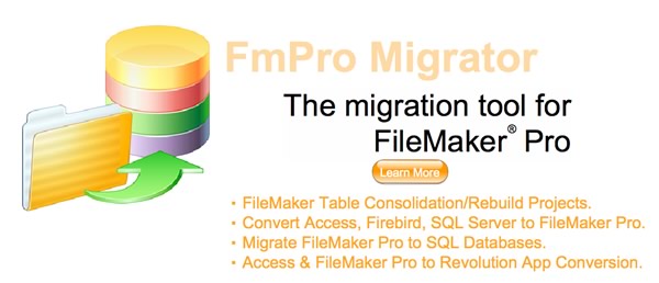 FmPro Migrator - The migration tool for FileMaker Pro. FileMaker Table Consolidation Projects, Bento, Access SQL Server to FileMaker, FileMaker to SQL Databases.