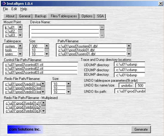 Installgen Files/Tablespaces Folder tab - 33K