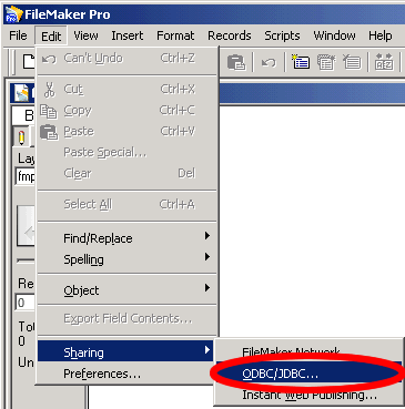 Figure 11 - Enabling FileMaker 7 ODBC/JDBC Sharing - Menu