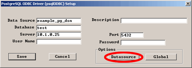 Figure 16 - PostgreSQL ODBC DSN Configuration - Pane 1