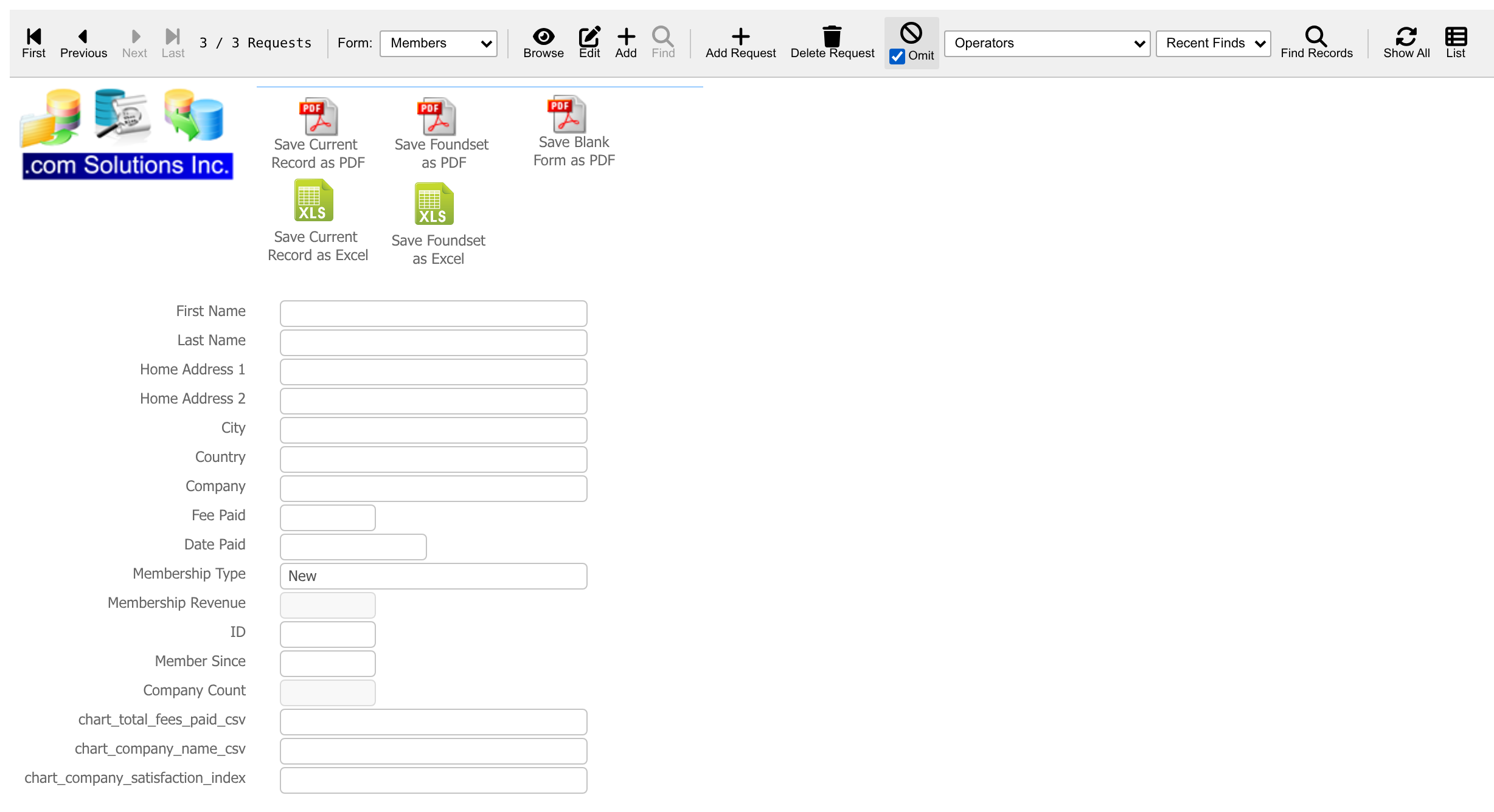 Members layout in Find mode - request 3 of 3 marked as an Omit request